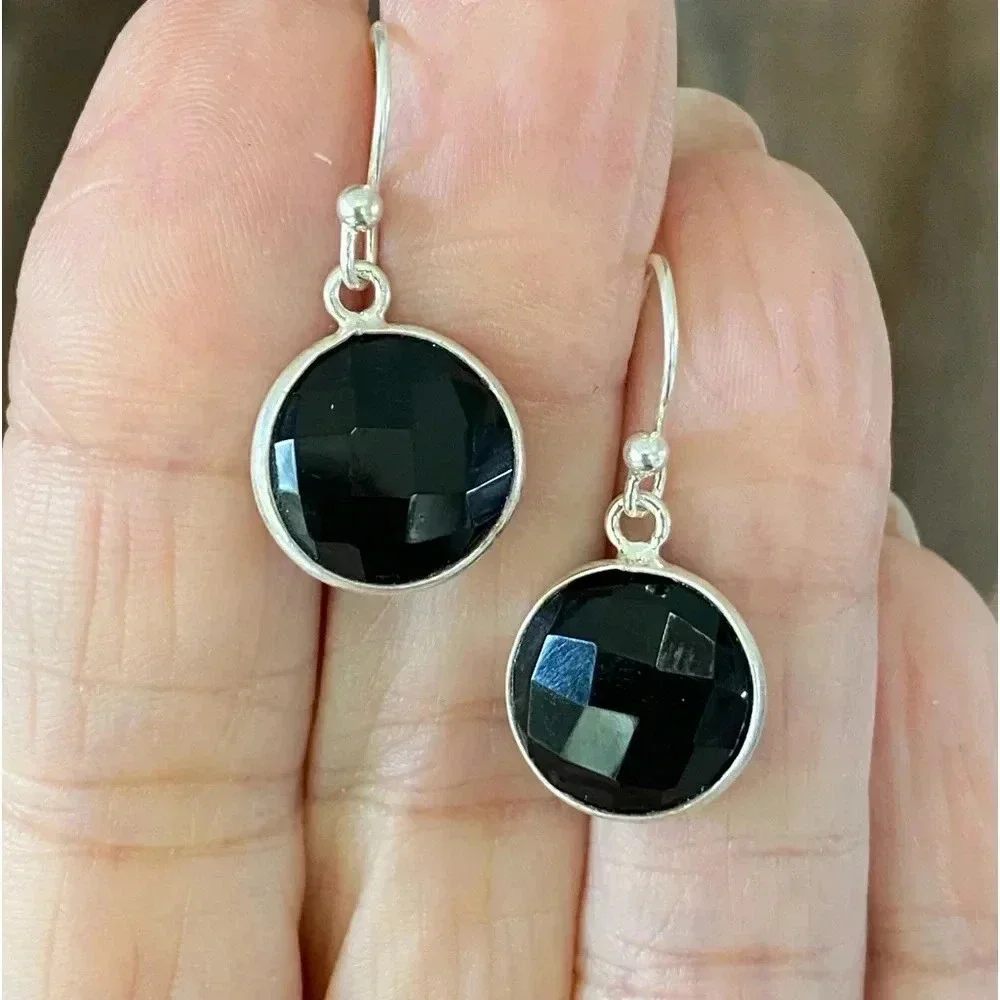 Real Beveled Onyx Solid 925 Sterling Silver Dangle Earrings